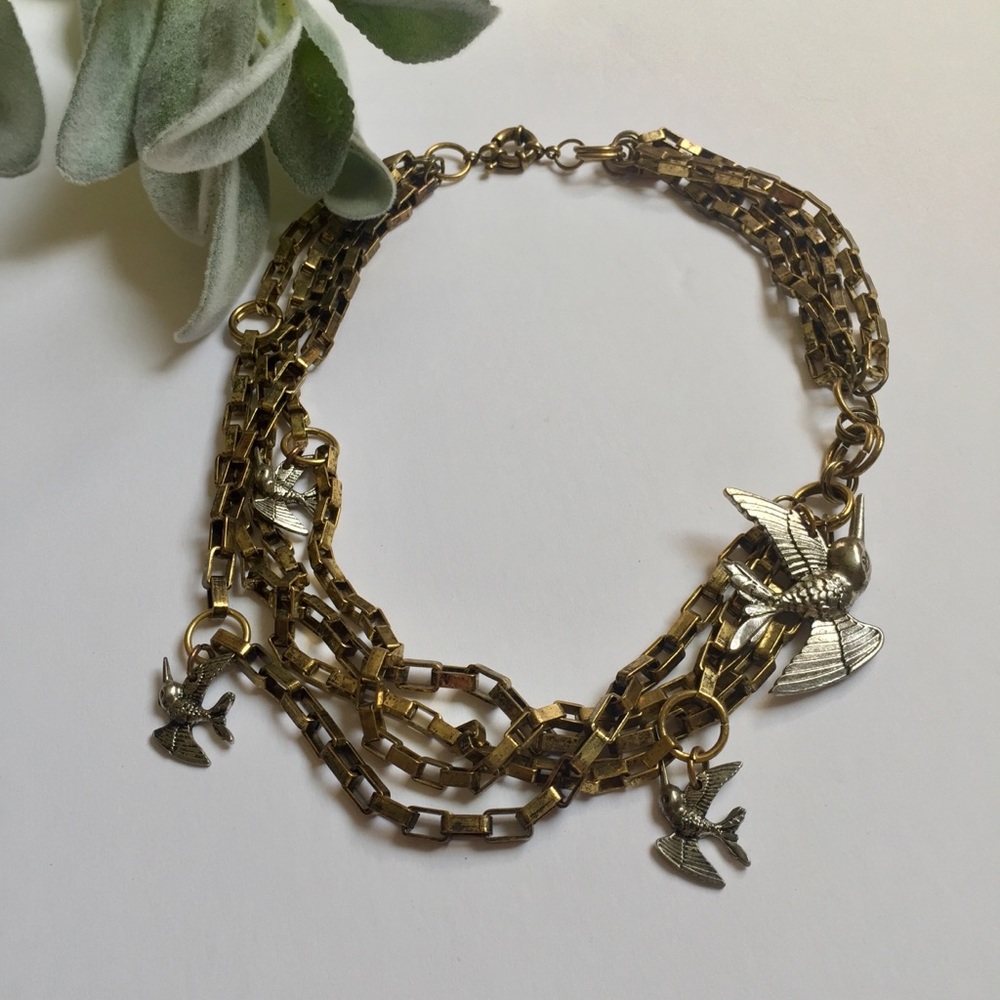 Unique box chain layered metal necklace bird